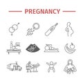 Pregnancy line icons set. Infographics. Vector signs for web graphics. Royalty Free Stock Photo