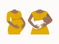 Pregnancy and maternity. Afro american women set. Before and after with baby. Vector illustration