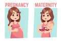 Pregnancy and maternity concept. Young pregnant woman and happy mother with newborn baby. Vector illustration