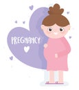Pregnancy and maternity, cute pregnant woman cartoon, purple love hearts lettering