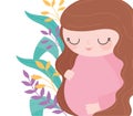 Pregnancy and maternity, cute pregnant woman touching belly, floral decoration background