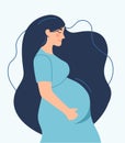 Pregnancy. A modern poster with a cute pregnant woman with long hair and a place for text. Royalty Free Stock Photo