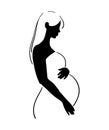 Pregnancy and motherhood, line drawing, logo, symbol. Pregnant woman, black silhouette isolated on white background. Mom Royalty Free Stock Photo