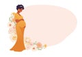 Pregnancy and motherhood modern banner, beautiful black pregnant afro american woman in long dress with frame for text Royalty Free Stock Photo