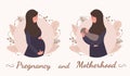 Pregnancy and motherhood. Muslim woman in abaya and hijab. Modern flat style vector illustration isolated on soft