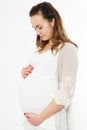 Pregnancy, motherhood, people and expectation concept, happy pregnant woman on white background,happy event,birth of a child Royalty Free Stock Photo