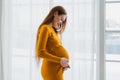 Pregnancy motherhood people expectation future. Pregnant woman with big belly standing near window at home. Girl hugging Royalty Free Stock Photo