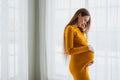 Pregnancy motherhood people expectation future. Pregnant woman with big belly standing near window at home. Girl hugging Royalty Free Stock Photo