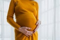 Pregnancy motherhood people expectation future. Pregnant woman hands touching big belly near window at home. Girl Royalty Free Stock Photo