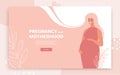 Pregnancy and motherhood pink tender card. Calm pregnant woman smiles and hugs her belly with her hands. Landing page