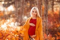 Pregnancy. Motherhood. Pregnant woman hugging her belly enjoying in autumn forest park. Beautiful blond woman in red knit sweater Royalty Free Stock Photo