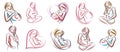 Pregnancy and motherhood theme vector illustrations set pregnant woman drawings isolated on white background, prenatal pregnant Royalty Free Stock Photo