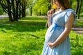 Pregnancy nature woman walk. Happy maternity mother in summer park. Baby belly. Pregnant walking nature. Concept Royalty Free Stock Photo