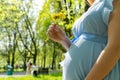 Pregnancy nature woman walk. Happy maternity mother in summer park. Baby belly. Pregnant walking nature. Concept Royalty Free Stock Photo