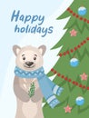 Holiday concept. New Year\'s bear at the Christmas tree. Portrait of a bear. Happy Holidays. Greeting concept. Royalty Free Stock Photo