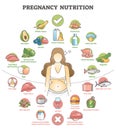 Pregnancy nutrition with recommendation female food products outline concept