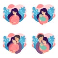 Pregnancy and parenthood concept vector illustrations. Set of scenes with pregnant woman, mother holding newborn, future parents a Royalty Free Stock Photo