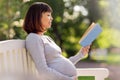 Happy pregnant asian woman reading book at park Royalty Free Stock Photo