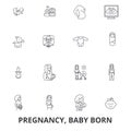 Pregnancy, pregnant woman, baby, maternity, birth, nursery line icons. Editable strokes. Flat design vector illustration Royalty Free Stock Photo