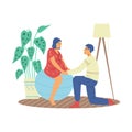 Pregnancy preparing posture with wife on fitball, vector illustration isolated.