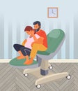 Pregnancy preparing, wife and husband make a position check on a medical chair in hospital