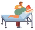 Pregnancy preparing, wife and husband make a position training on a medical sofa in hospital