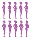 Pregnancy stages. Pregnant woman, mom and baby vector purple silhouettes isolated on white background