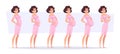 Pregnancy stages. Side view of pregnant woman in different stages weeks timeline exact vector templates