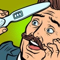 Pregnancy test. joyful moustached man husband father