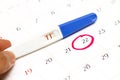 Pregnancy test with positive result lying on calendar background. Royalty Free Stock Photo