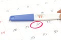 Pregnancy test with positive result lying on calendar background. Royalty Free Stock Photo