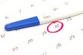 Pregnancy test with positive result lying on calendar background. Royalty Free Stock Photo