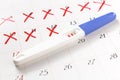 Pregnancy test with positive result lying on calendar background. Royalty Free Stock Photo