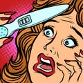 Pregnancy test two strips woman fear face