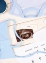 Pregnancy test, ultrasound scan of baby, clothing for newborn and calendar, expecting for baby Royalty Free Stock Photo