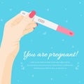 Pregnancy test in woman hand with text