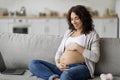 Pregnancy Time. Beautiful Pregnant Woman Sitting On Couch And Caressing Her Belly Royalty Free Stock Photo