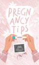 Pregnancy tips, female hands with a positive pregnancy test and ultrasound scan. Modern background for story, flat