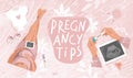 Pregnancy tips. Maternity and childbirth modern banner, positive pregnancy test, ultrasound scan, pregnant woman, vector
