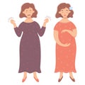 Pregnancy. Two cute pregnant women with different emotions - happy and unhappy depressed. Vector illustration in flat