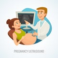 Pregnancy ultrasound composition concept, pregnant woman with doctor, cartoon vector illustration