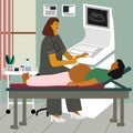 Pregnancy ultrasound examination. Doctor or gynecologist monitoring a pregnant woman at ultrasonography procedure at clinic.