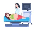 Pregnancy ultrasound scan. Woman at gynecology abdomen examination, cartoon doctor examine pregnant woman. Vector