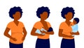 Pregnancy woman, breastfeeding, black mother feeding newborn baby with breast in hands. Expectant mother, motherhood. Child boy