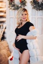 Pregnancy woman embracing her stomach, posing at christmas studio. Royalty Free Stock Photo