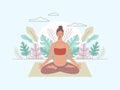 Pregnancy woman meditation. Yoga lifestyle, childbirth preparation, female relax in lotus pose, leaves on background