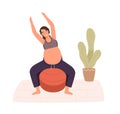 Pregnancy woman practicing workout on aerobic ball vector flat illustration. Happy female with big pregnant tummy Royalty Free Stock Photo