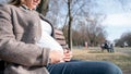 Pregnancy woman walk. Pregnant nature walk. Happy maternity mother in summer park. Baby belly. Pregnancy activity. Royalty Free Stock Photo