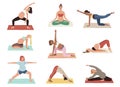 Pregnancy yoga. Relax women different asana poses, expectant mothers fitness, moms stretch, proper breathing, childbirth