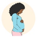 Pregnant african american woman holding her belly, vector illustration